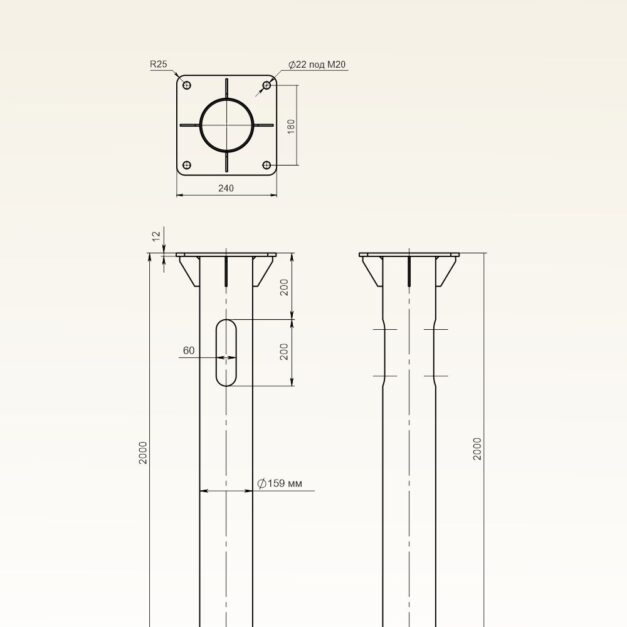Конструкция закладных деталей ЗДФ-0.159-2.0(240-240-12-МЦ-180-4х22) для опор освещения ОГКф, ОККф